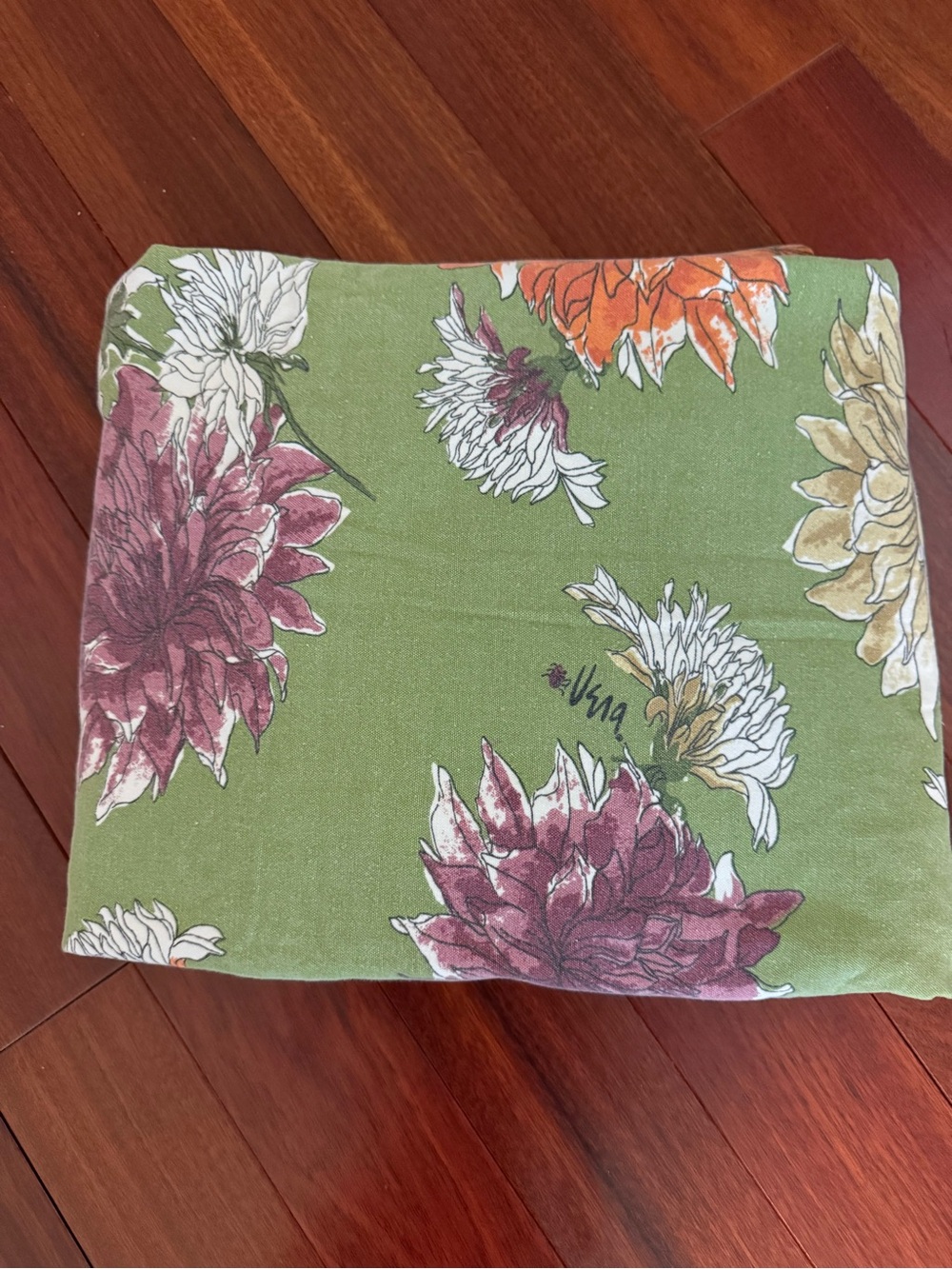 Vintage Vera Neumann Tablecloth 60” X 72” Green W Orange White Purple Zinnias